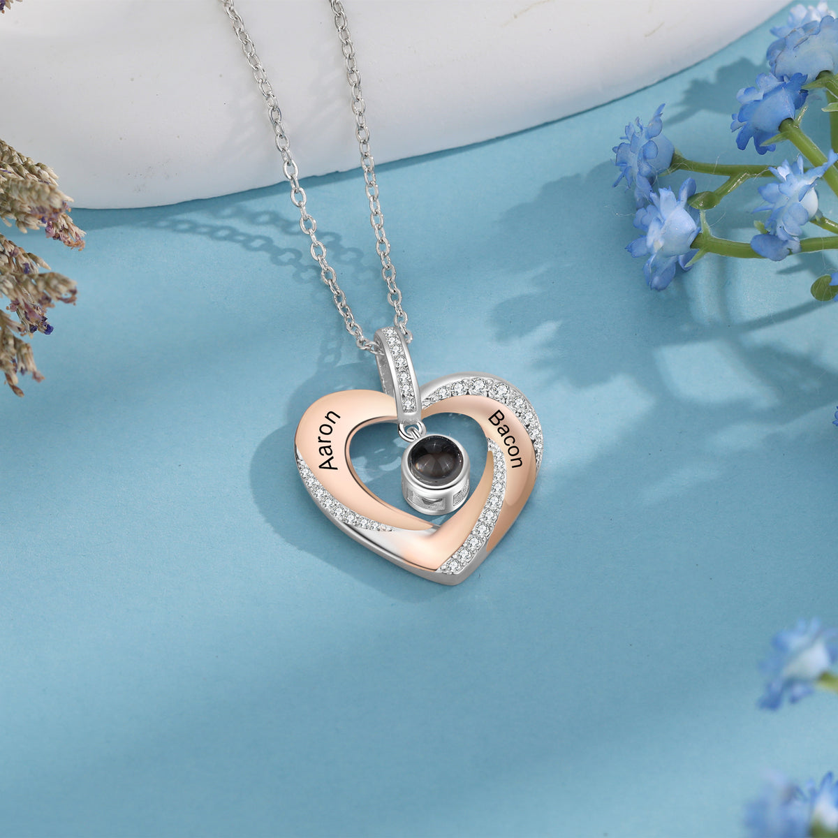 Two Name Heart Photo Projection Necklace