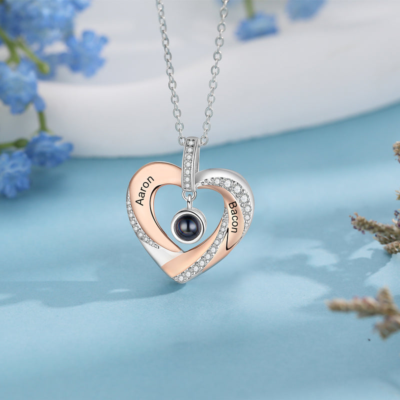 Two Name Heart Photo Projection Necklace