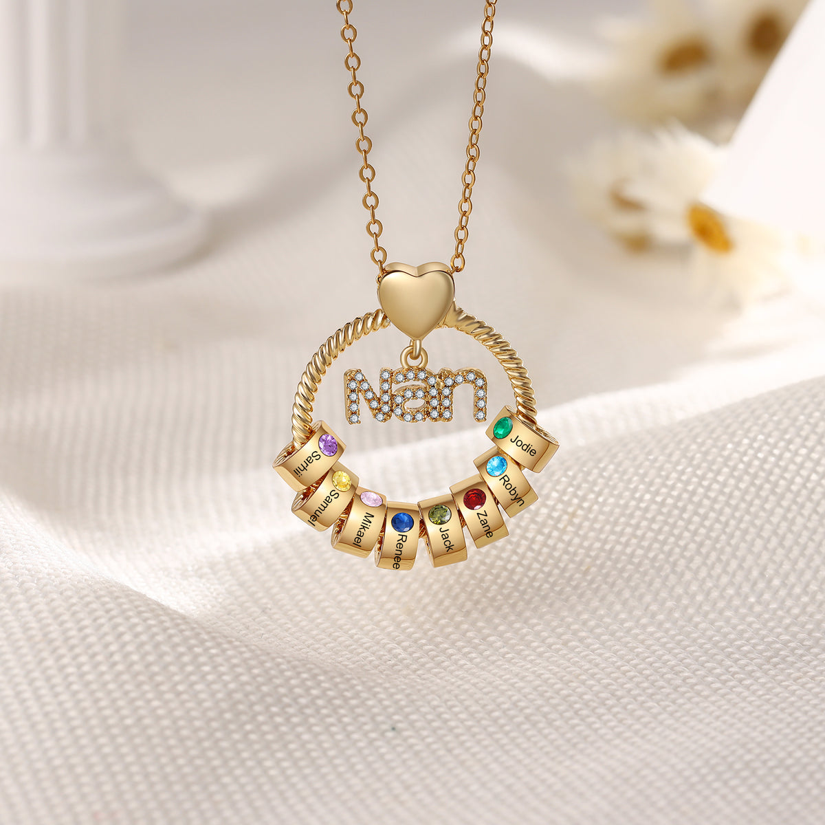 Personalized Name Circle Necklace with Birthstone Charms