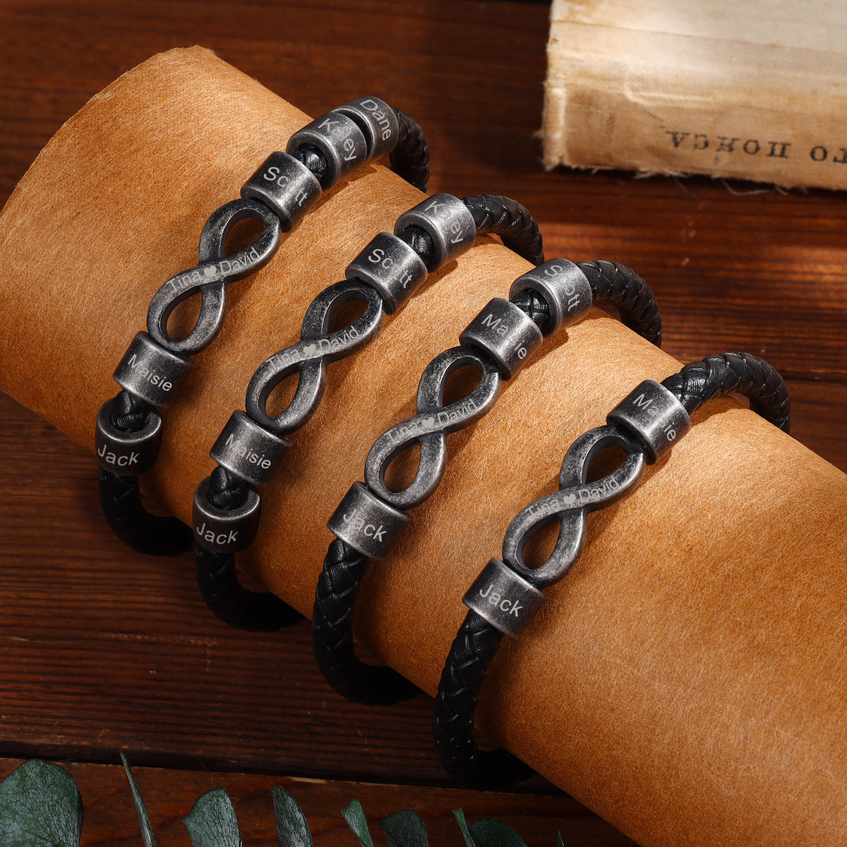 Men's Infinity Leather Name Bead Bracelet