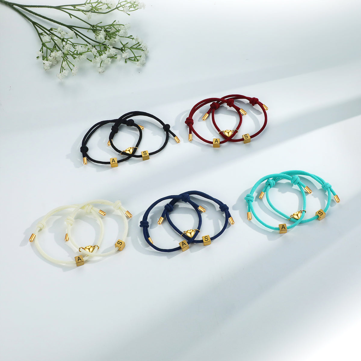 Personalized Initial Couple Rope Bracelets with Heart Magnet