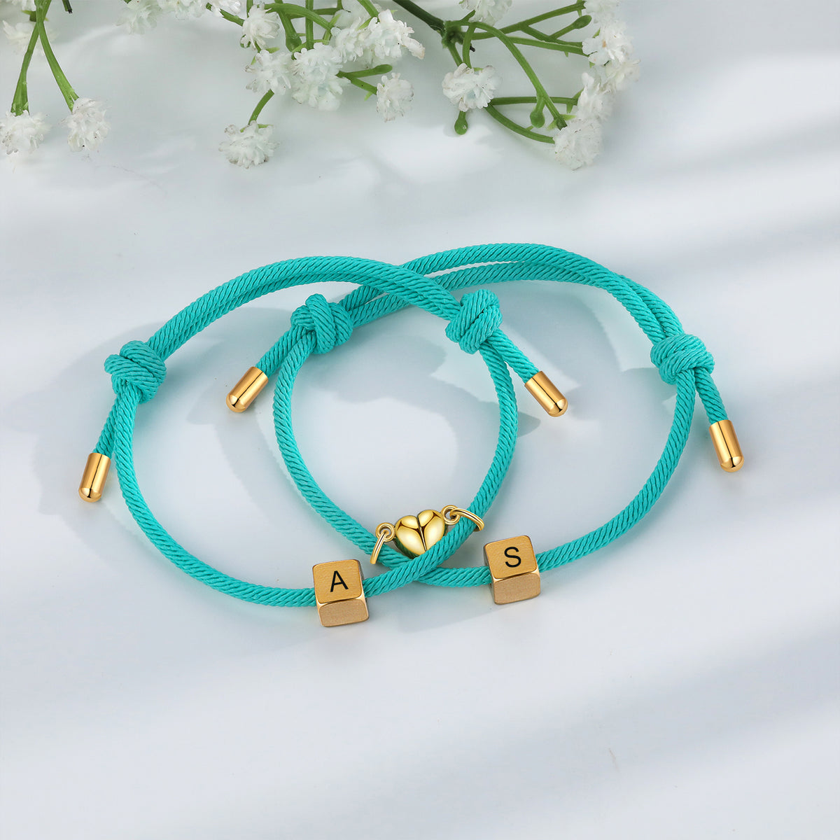 Personalized Initial Couple Rope Bracelets with Heart Magnet
