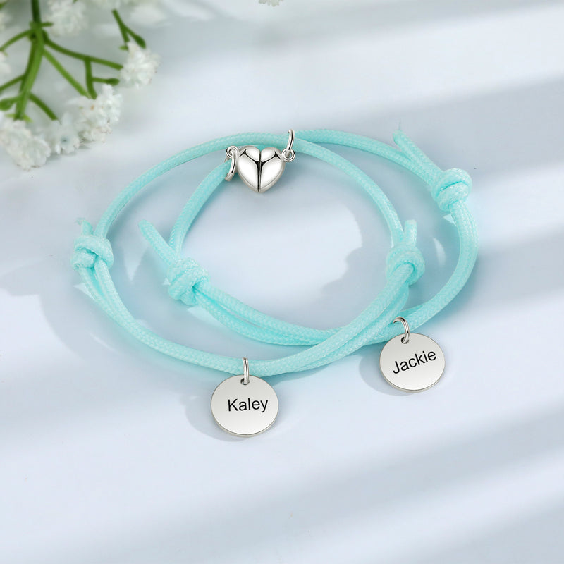 Personalized Name Tag Couple Bracelets with Heart Magnet