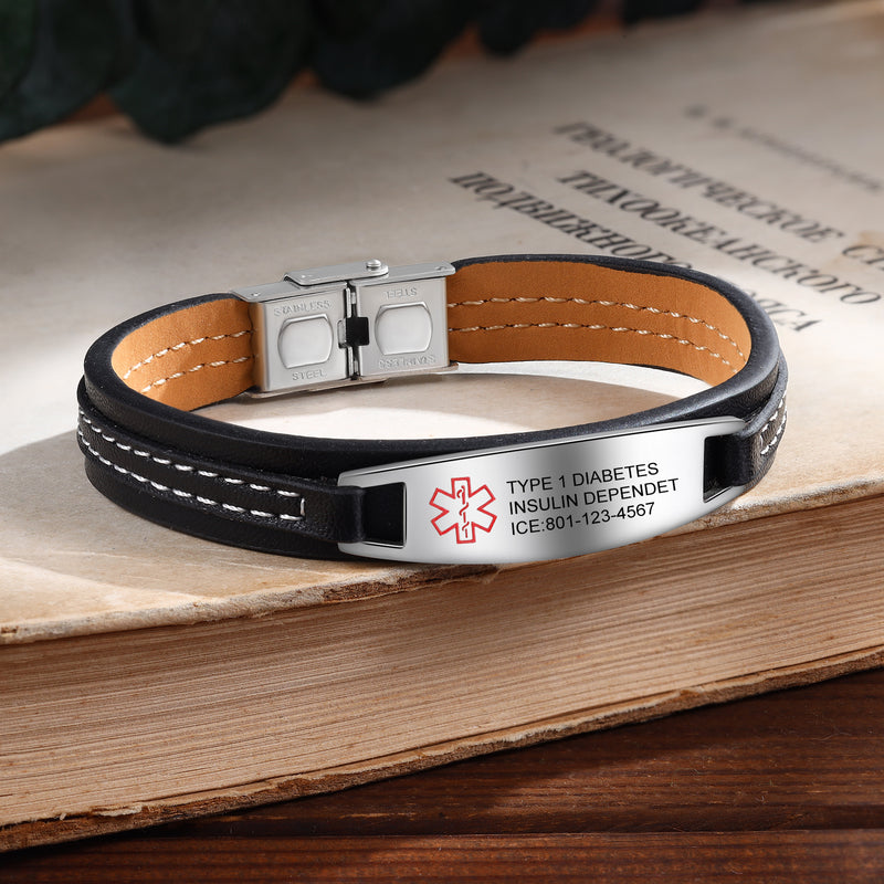 Personalized Leather Medical ID Bracelet