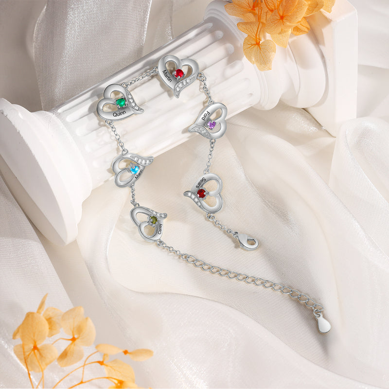 Personalized Six Heart Birthstone Bracelet