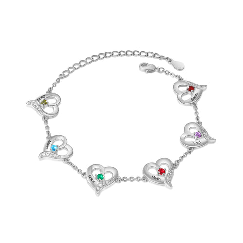 Personalized Six Heart Birthstone Bracelet