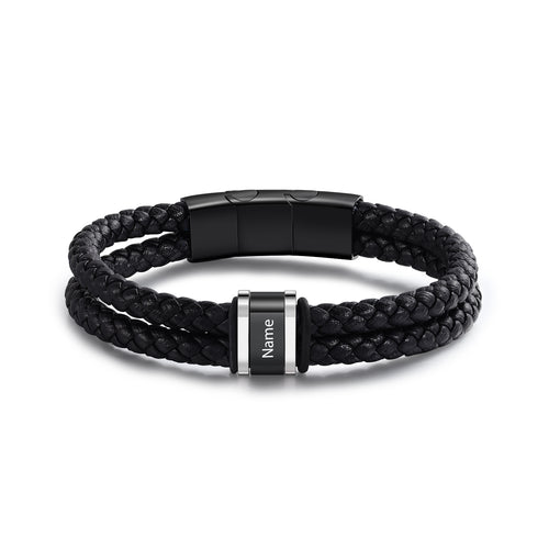 Men's Steel and Leather Name Bead Bracelet