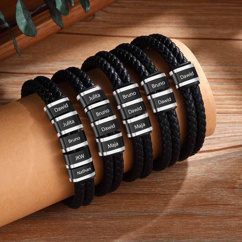 Men's Steel and Leather Name Bead Bracelet
