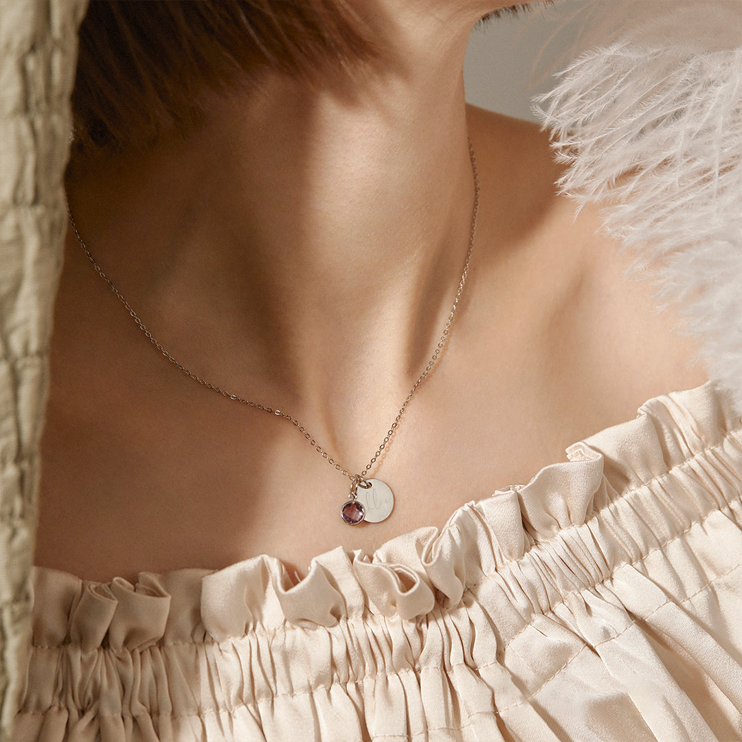 Engraved Disc and Birthstone Charm Necklace