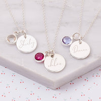 Engraved Disc and Birthstone Charm Necklace