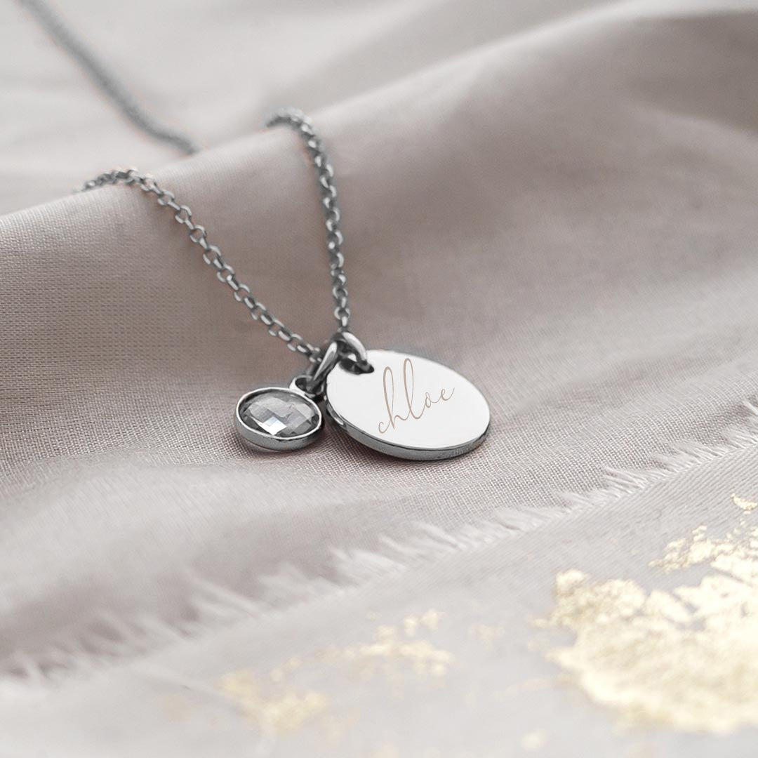 Engraved Disc and Birthstone Charm Necklace