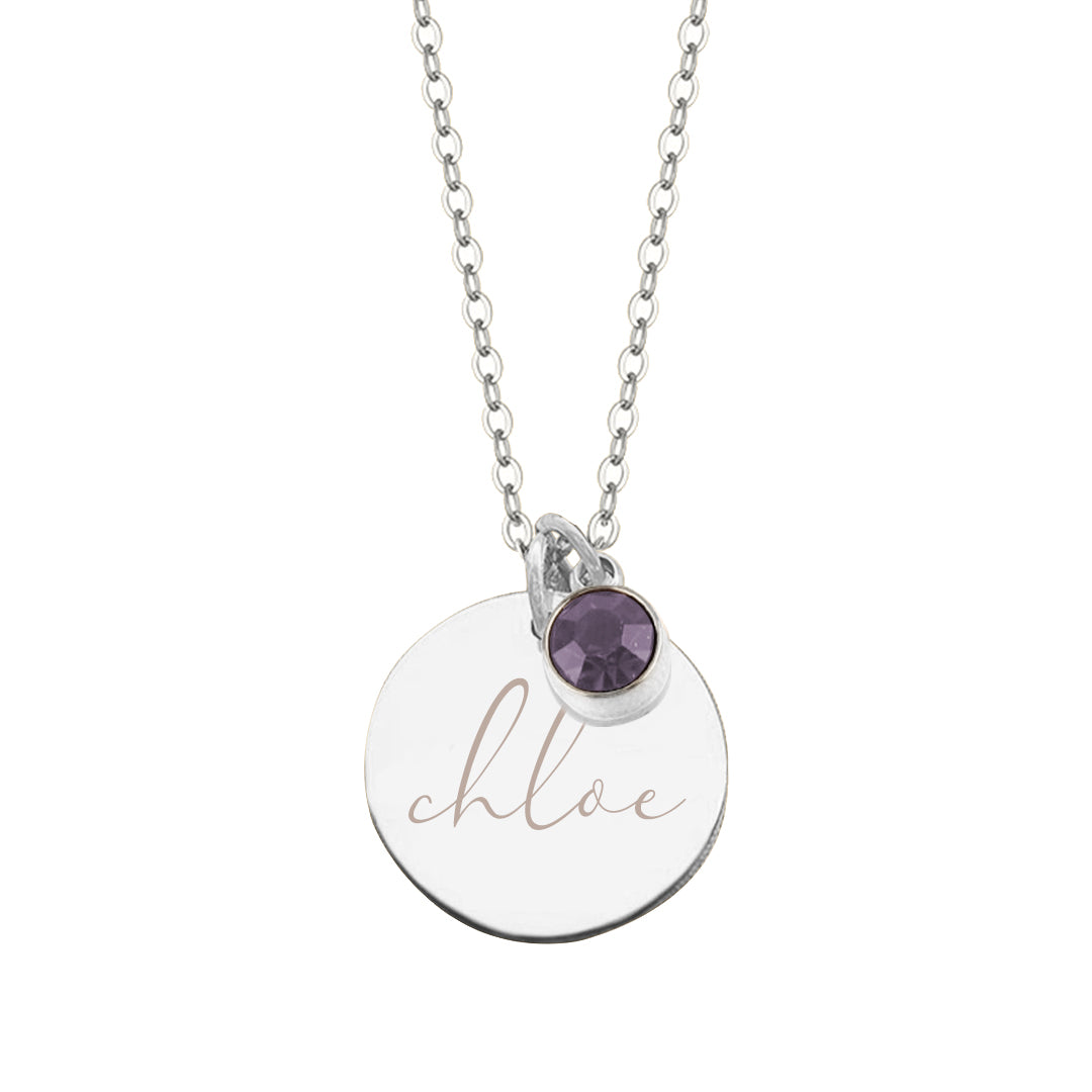 Engraved Disc and Birthstone Charm Necklace