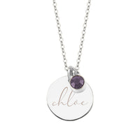 Engraved Disc and Birthstone Charm Necklace