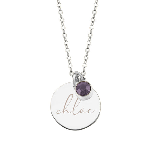 Engraved Disc and Birthstone Charm Necklace