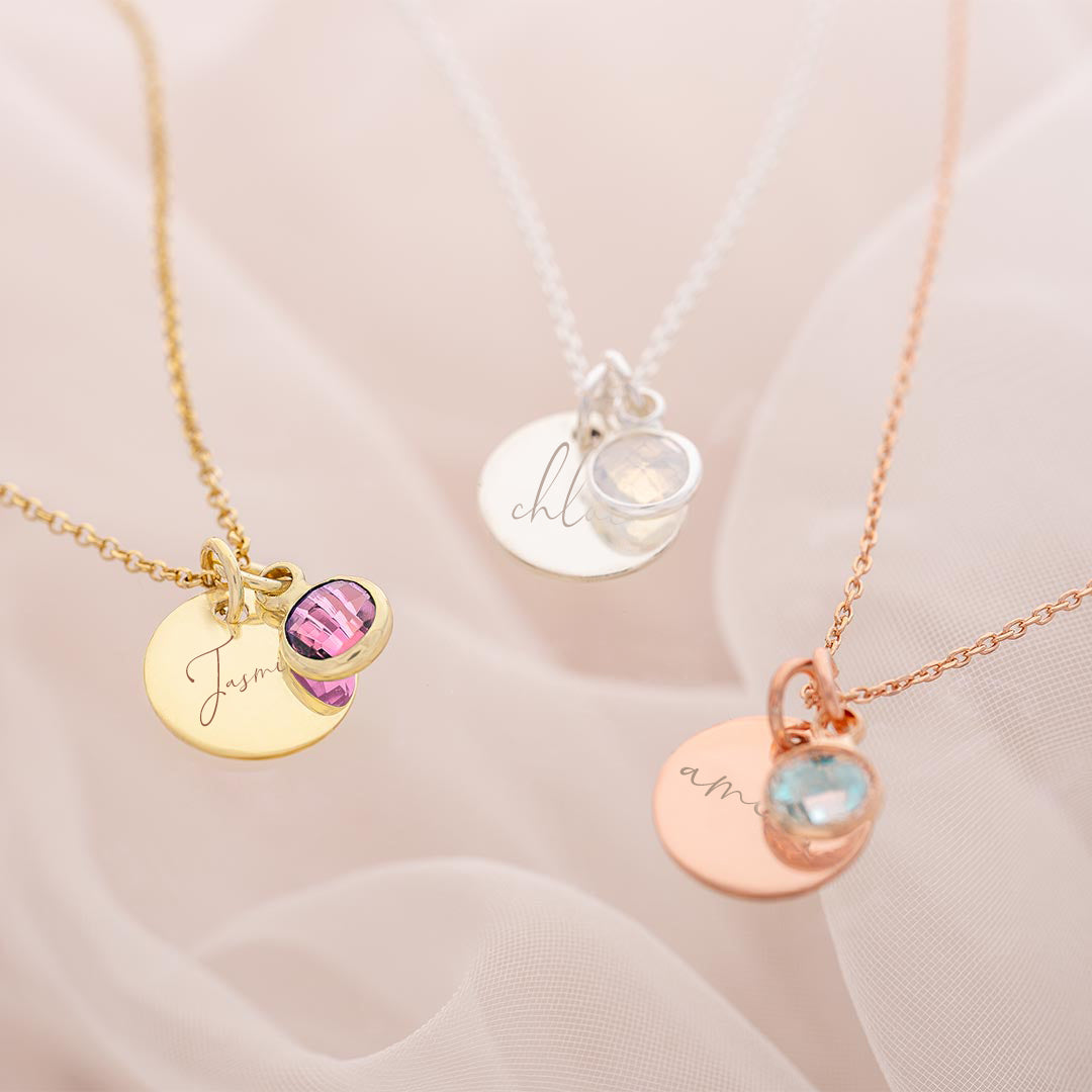 Engraved Disc and Birthstone Charm Necklace