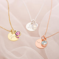 Engraved Disc and Birthstone Charm Necklace