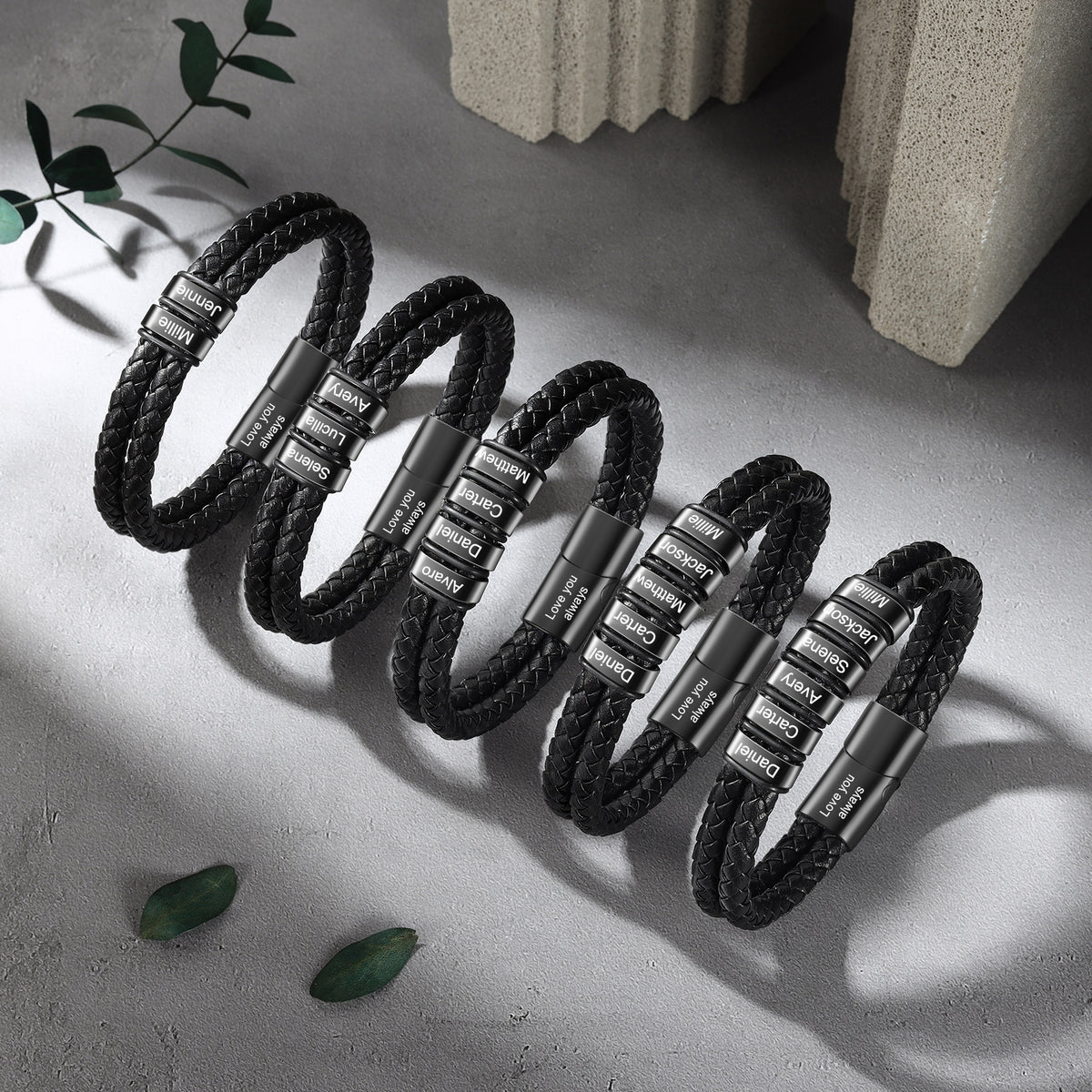 Men's Custom Text Leather Name Bead Bracelet