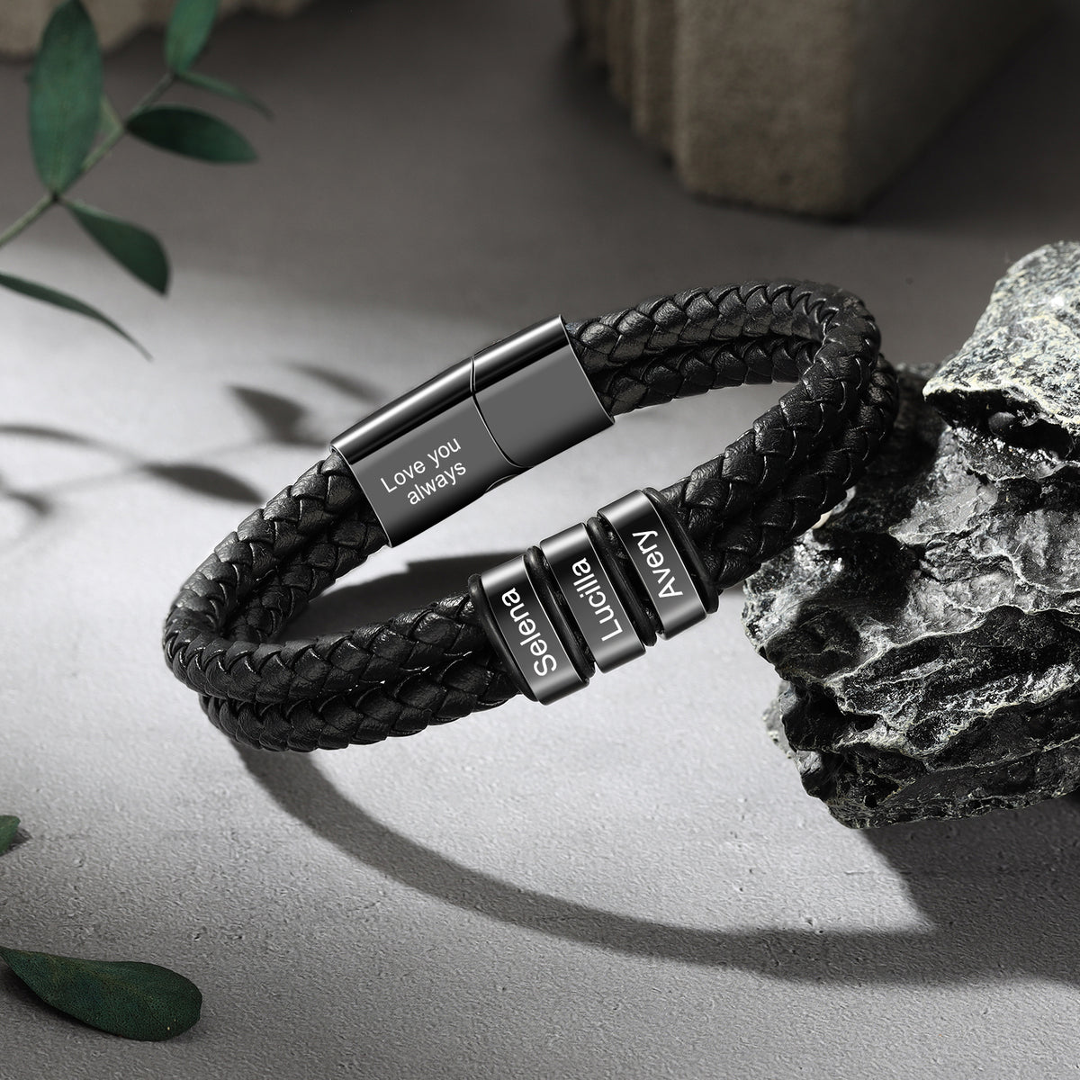 Men's Custom Text Leather Name Bead Bracelet
