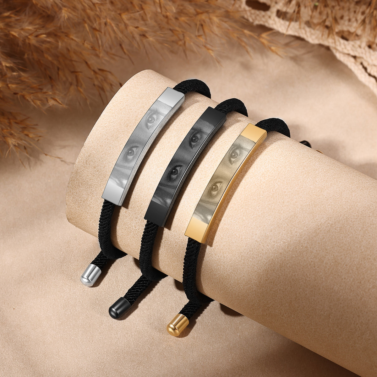 Custom Eyes Photo Bar Braided Rope Bracelet