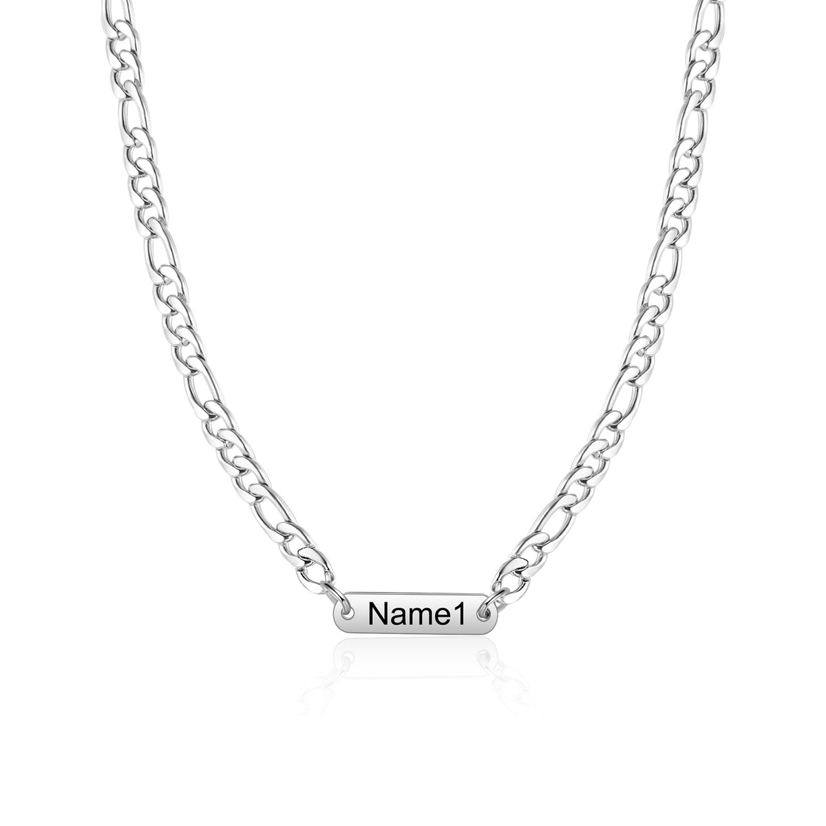 Men's Engraved Name Bar Figaro Chain Necklace