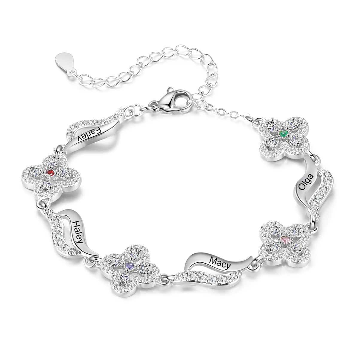 Birthstone Flower Link Name Bracelet