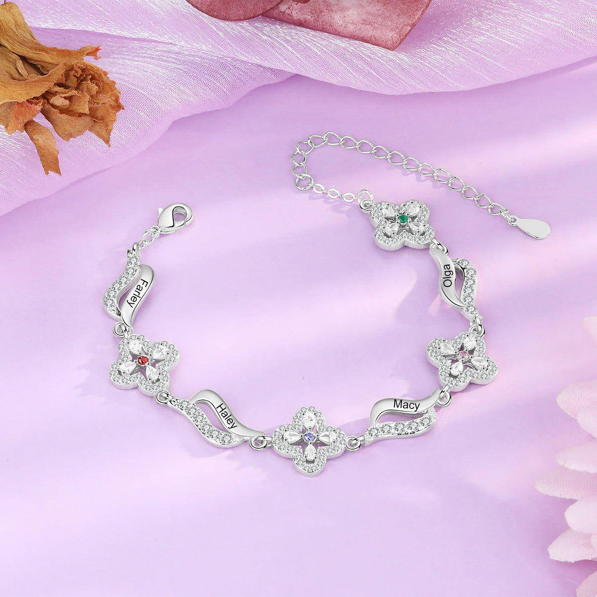 Birthstone Flower Link Name Bracelet