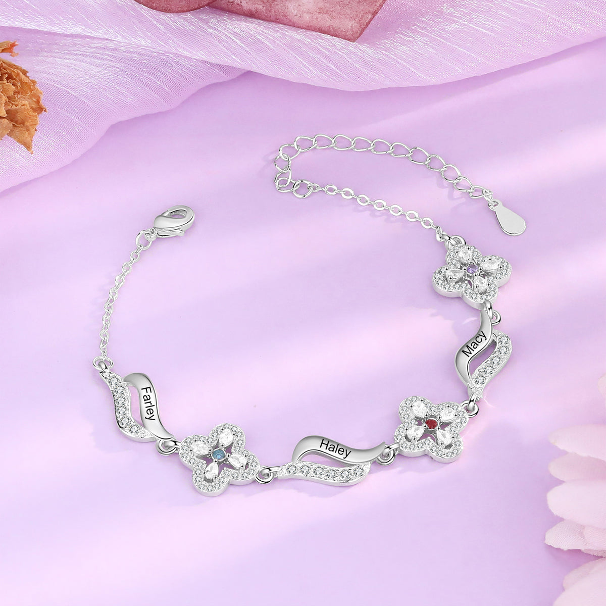 Birthstone Flower Link Name Bracelet