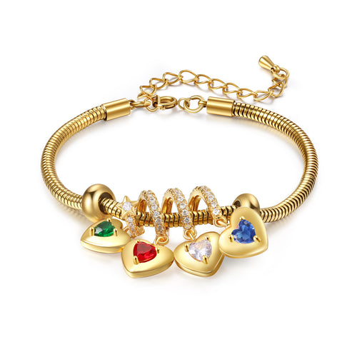 Gold Heart Birthstone Name Charm Bracelet