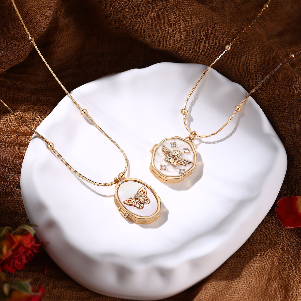 Gold Photo Locket Necklace, Butterfly or Angel