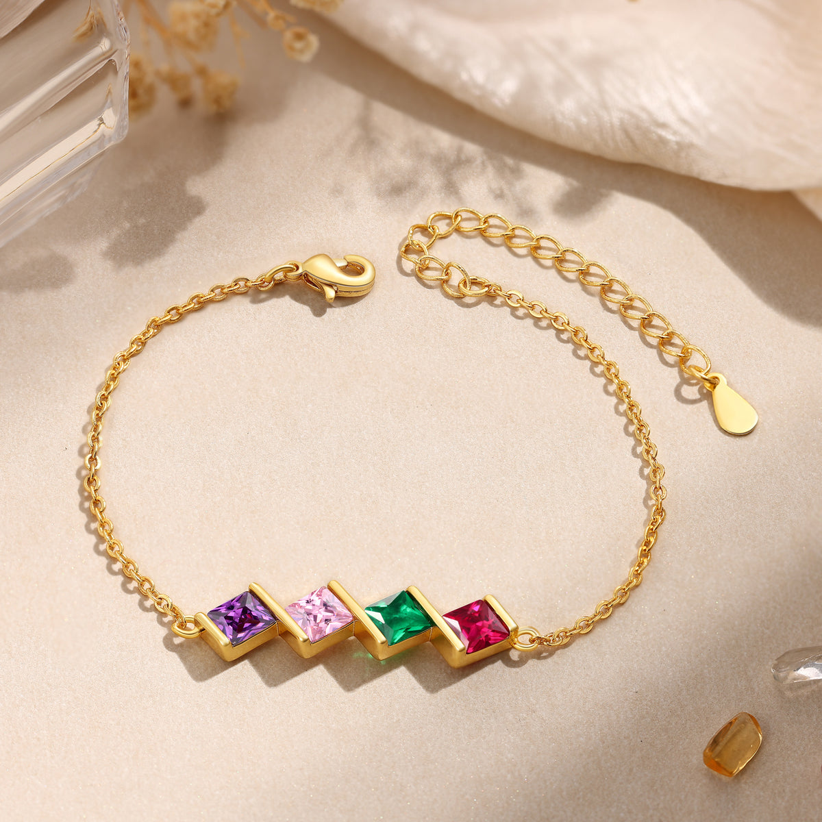 Gold Square Birthstone Link Bracelet