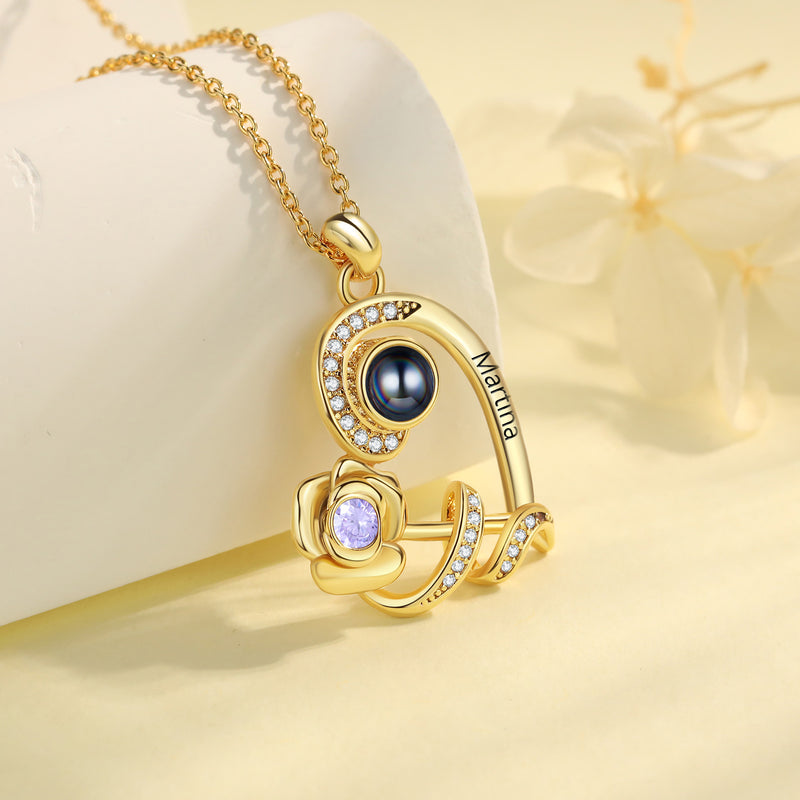 Heart Rose Birthstone Photo Projection Necklace
