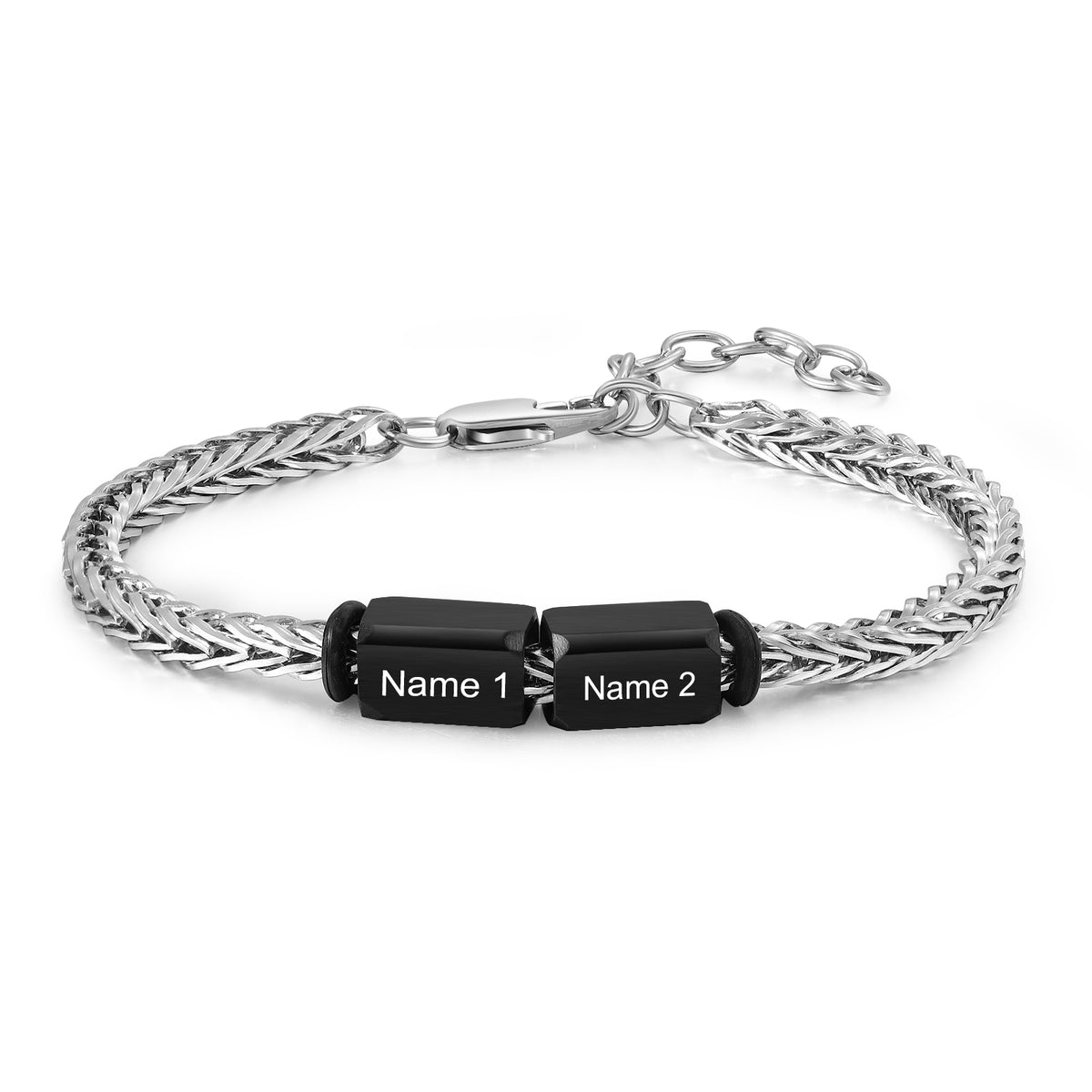 Men's Black Name Bead Wheat Chain Bracelet