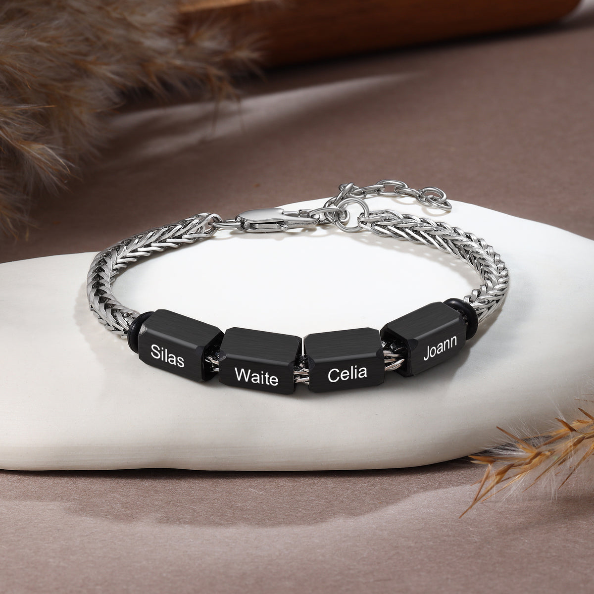Men's Black Name Bead Wheat Chain Bracelet