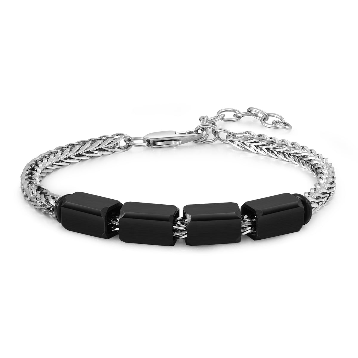 Men's Black Name Bead Wheat Chain Bracelet