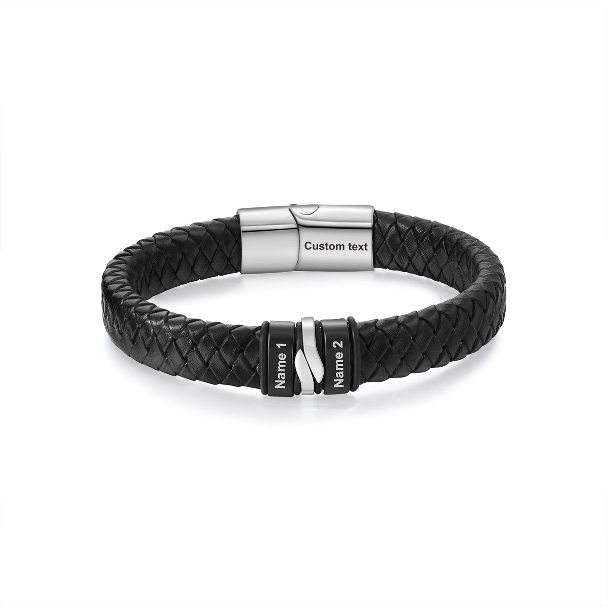 Men's Black PU Leather Name Bead Bracelet