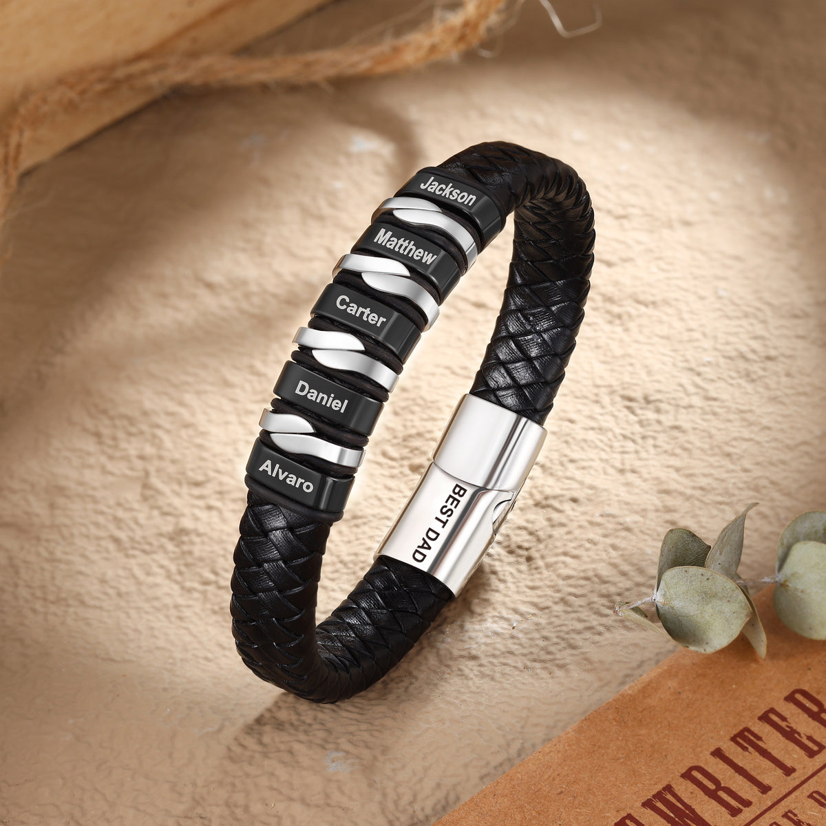 Men's Black PU Leather Name Bead Bracelet