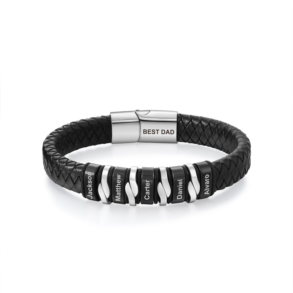 Men's Black PU Leather Name Bead Bracelet