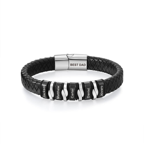 Men's Black PU Leather Name Bead Bracelet