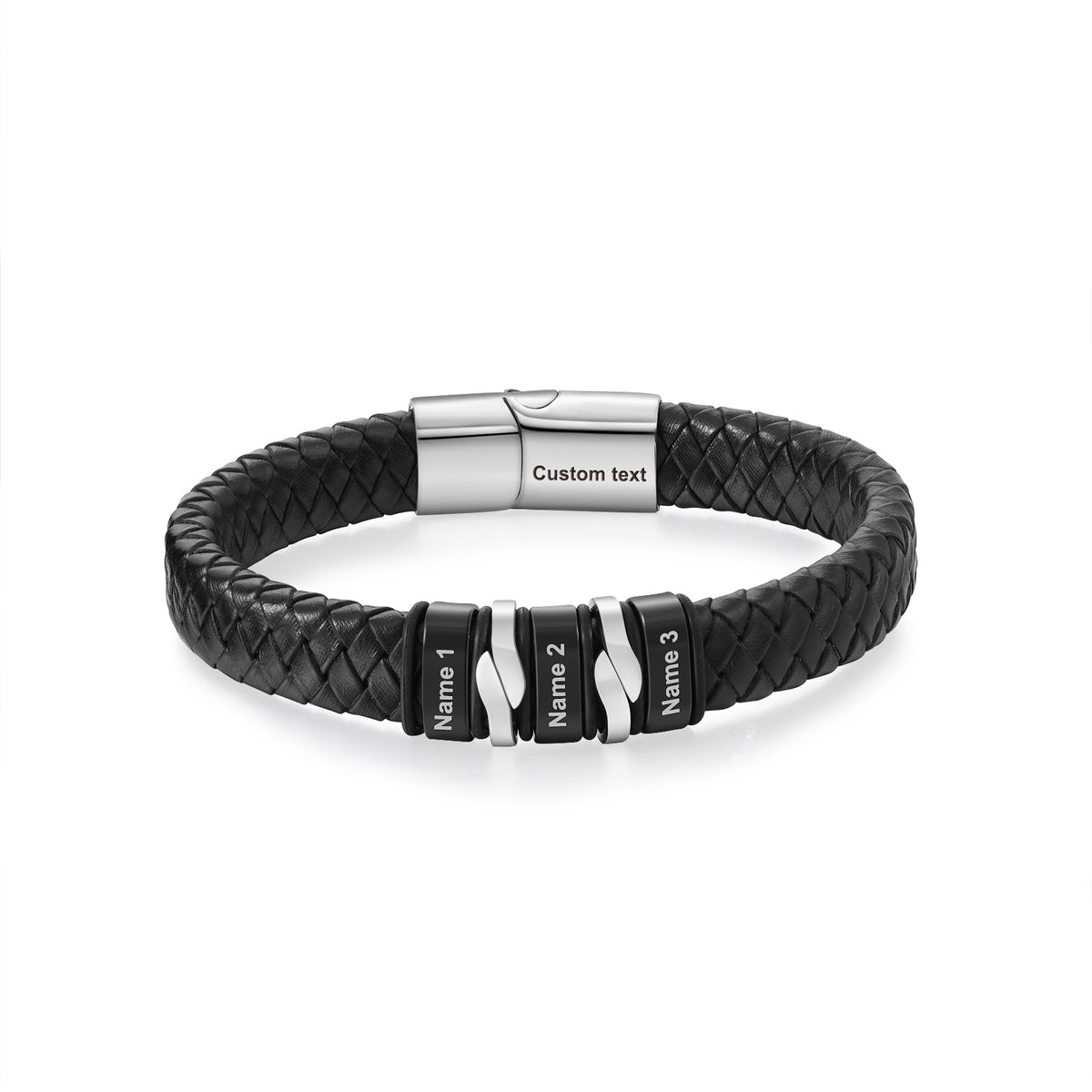 Men's Black PU Leather Name Bead Bracelet
