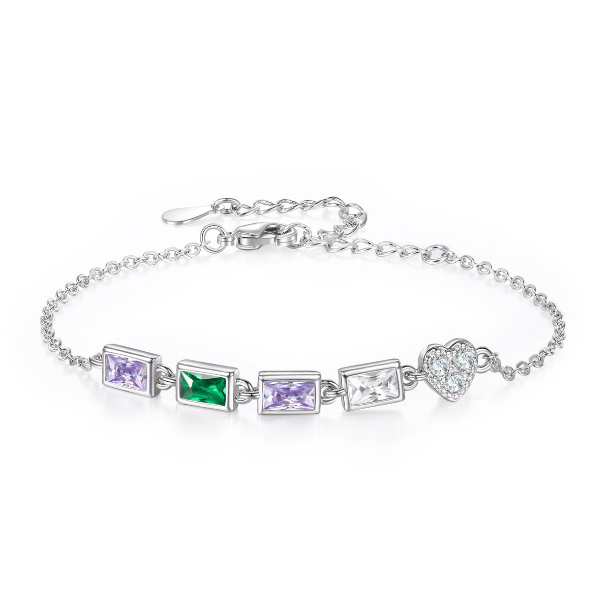 Rectangle Birthstone Heart Charm Bracelet