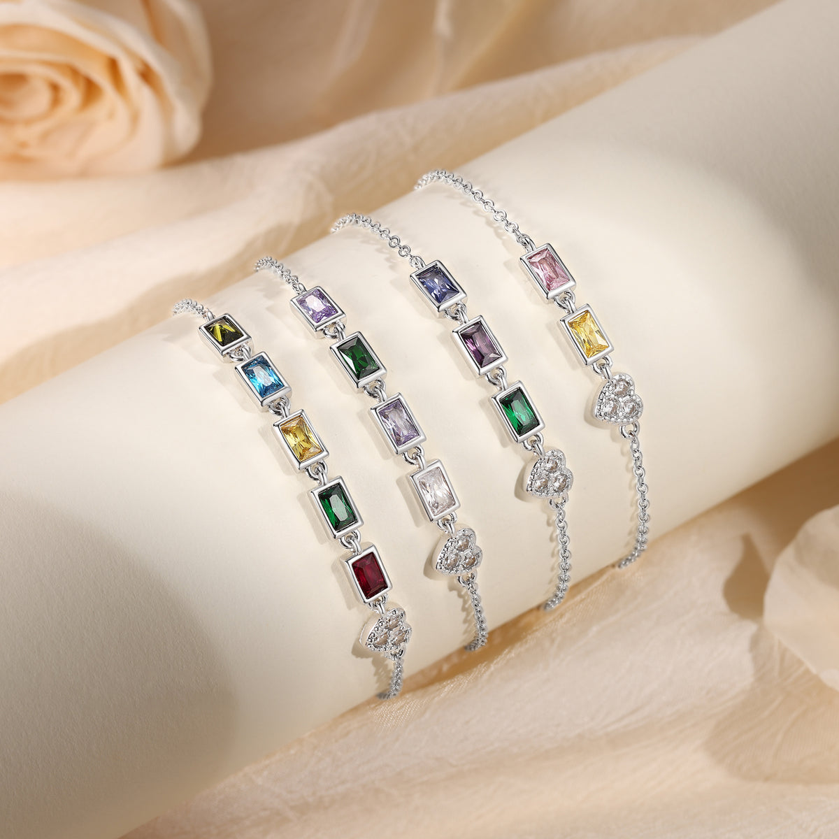 Rectangle Birthstone Heart Charm Bracelet