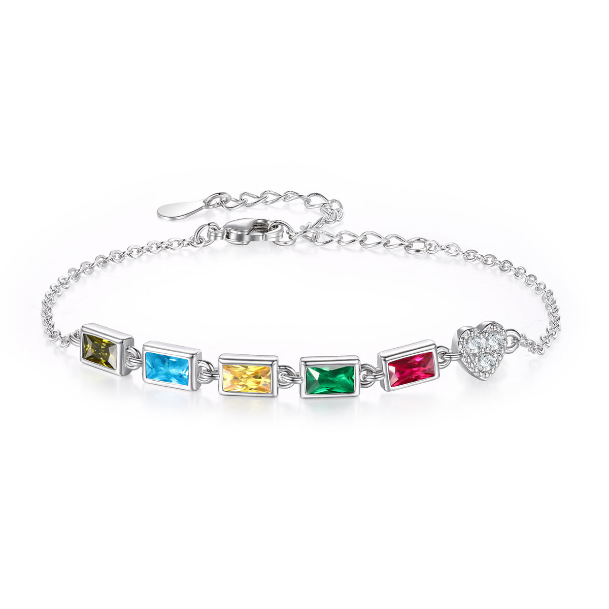 Rectangle Birthstone Heart Charm Bracelet