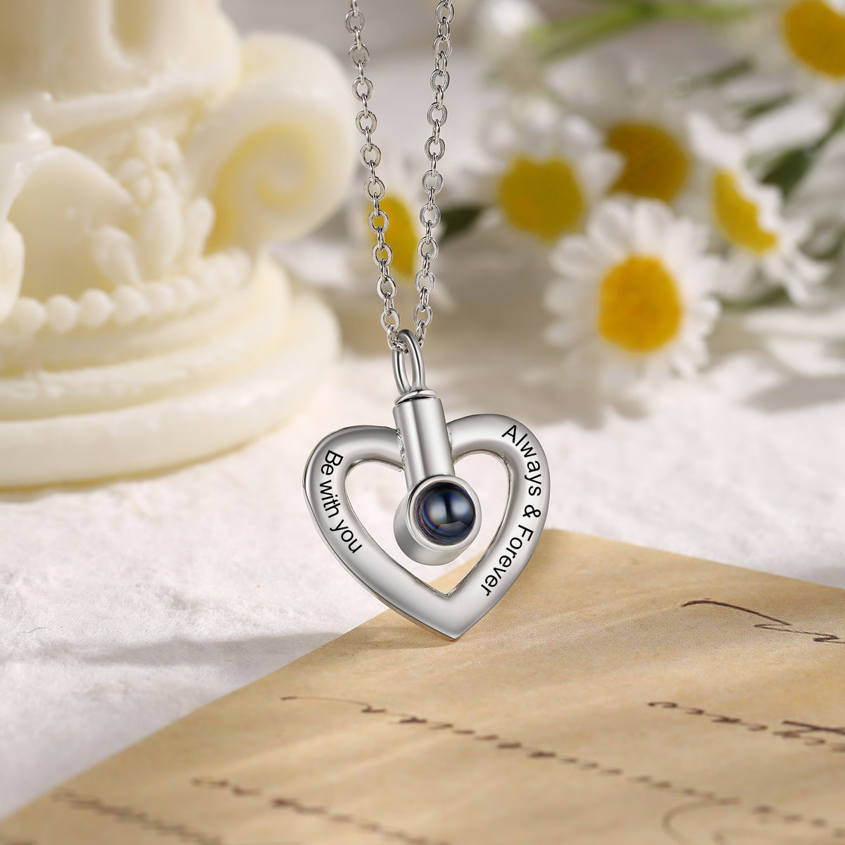 Heart Photo Projection Necklace, White Gold