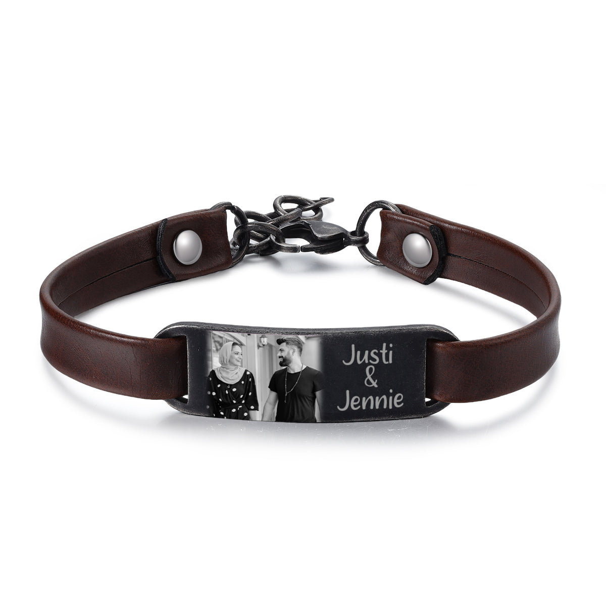 Brown and Black Leather Engraved Name Bracelet
