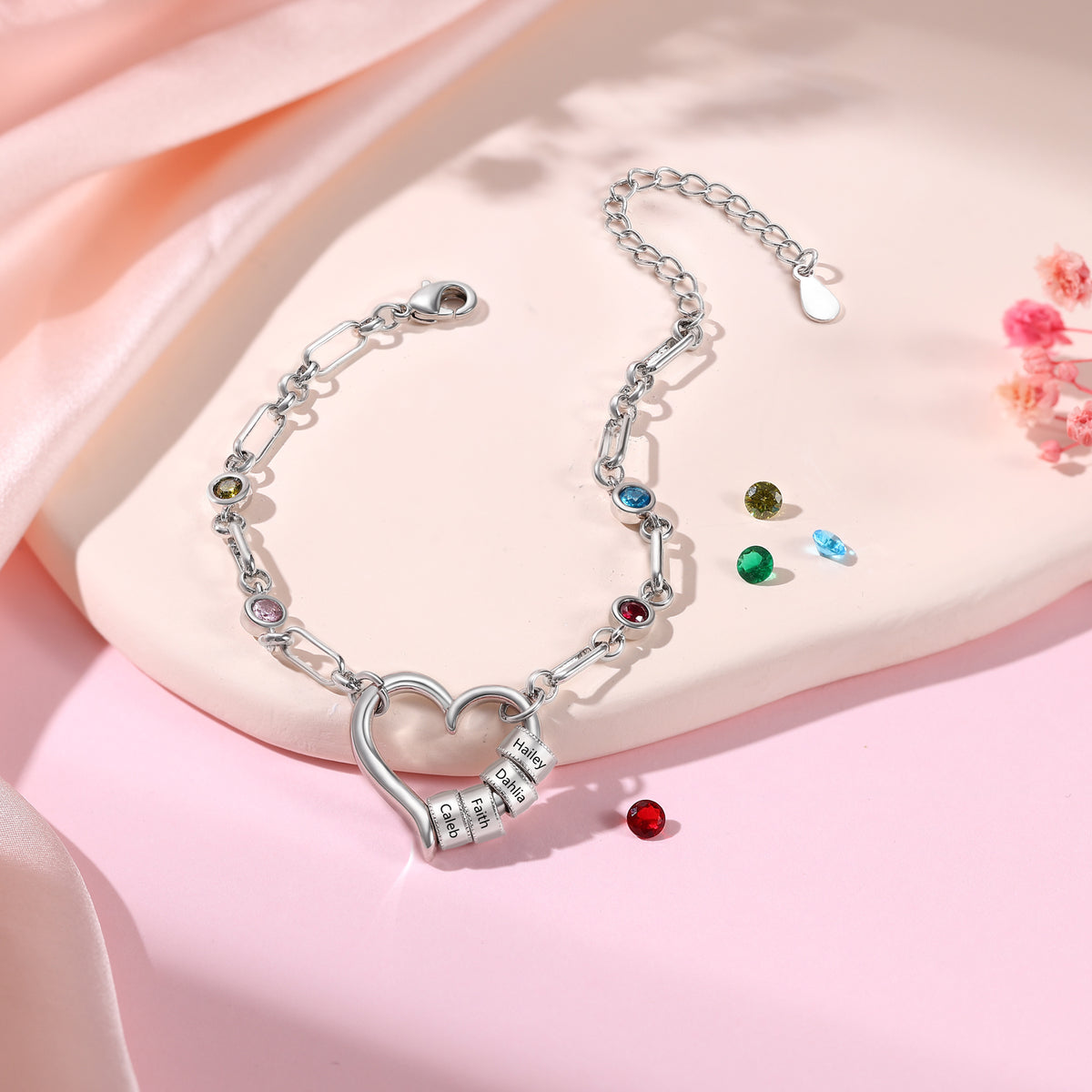 Heart Birthstone Name Bead Bracelet