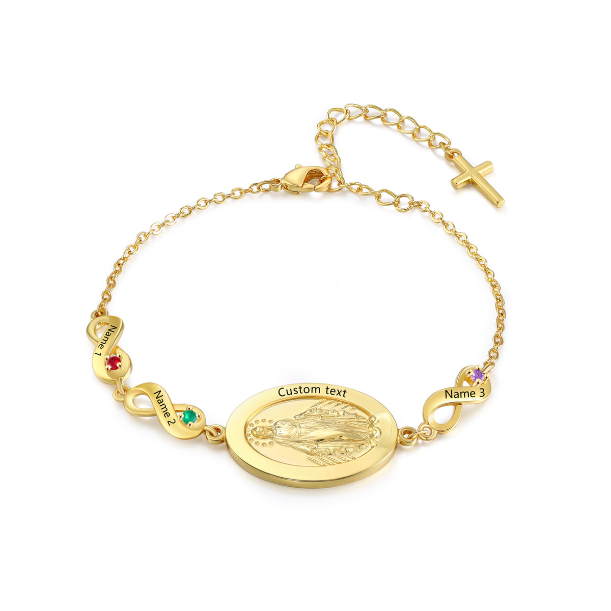 Gold Birthstone Medal and Cross Bracelet