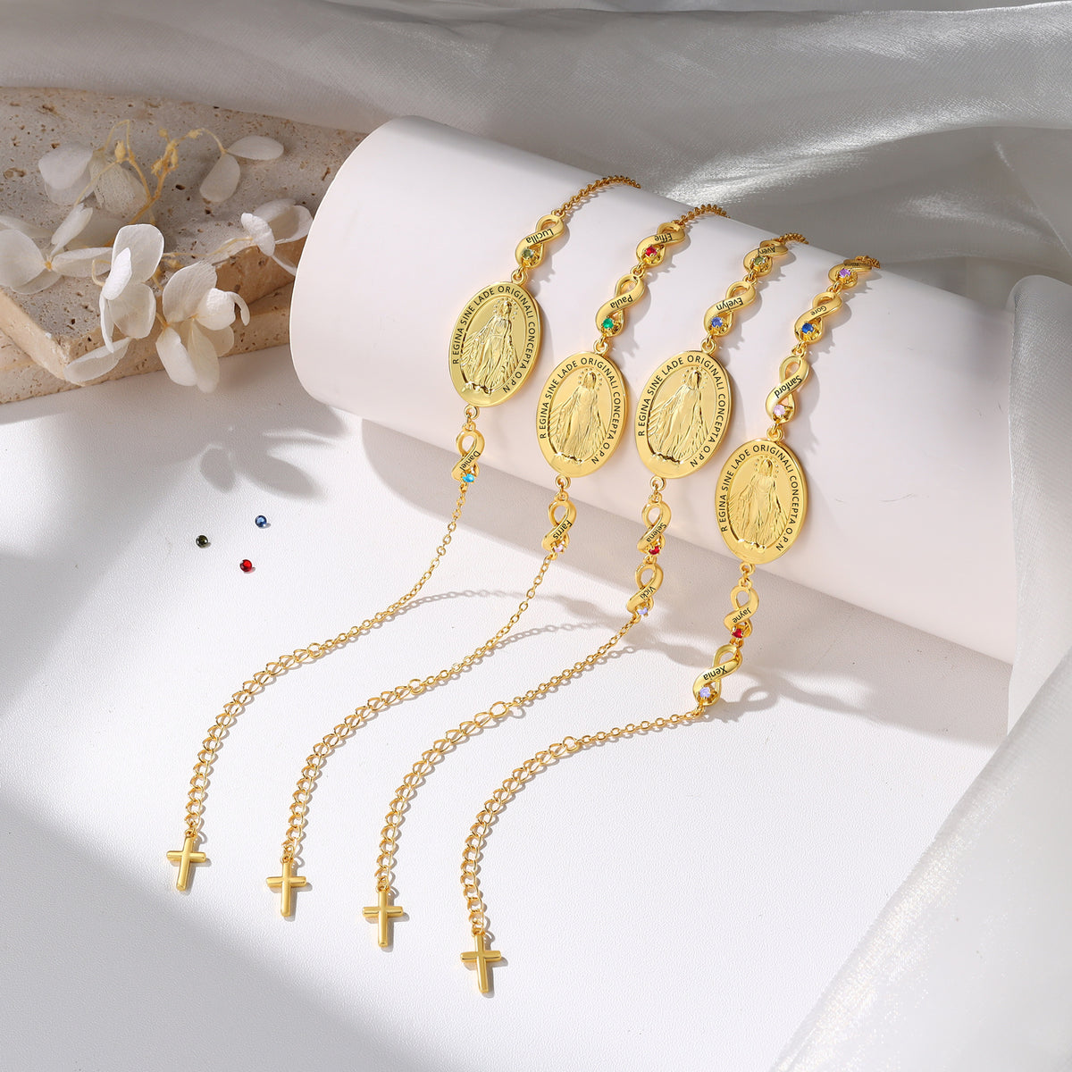 Gold Birthstone Medal and Cross Bracelet