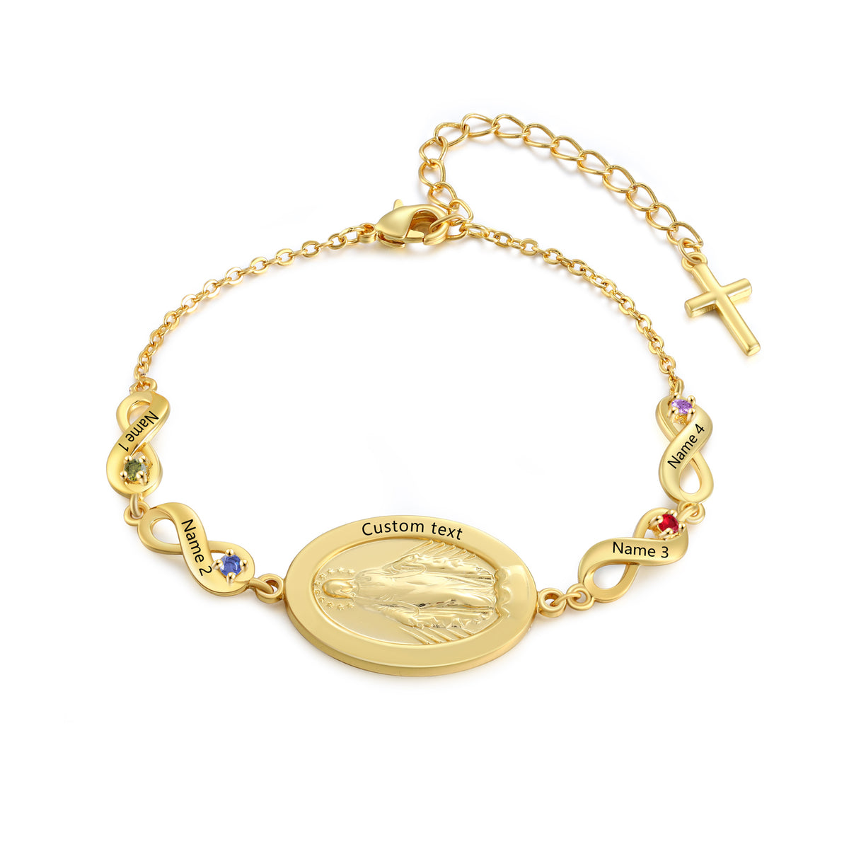 Gold Birthstone Medal and Cross Bracelet