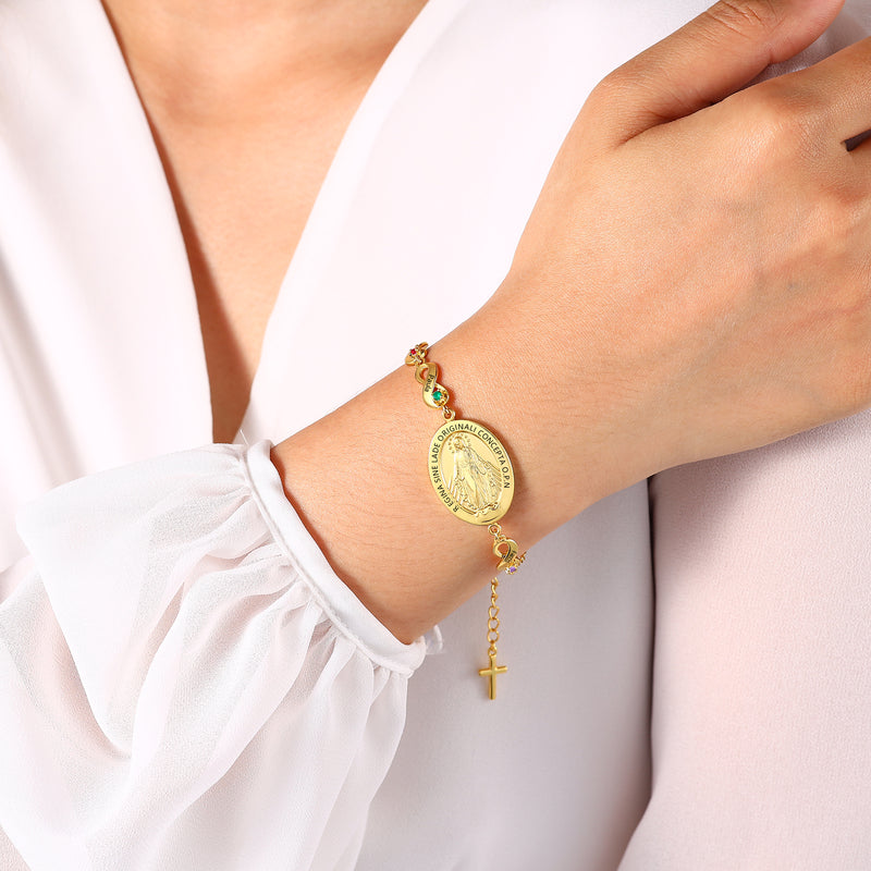 Gold Birthstone Medal and Cross Bracelet