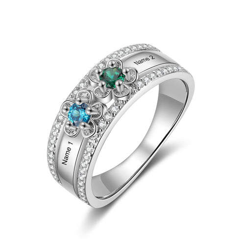 Flower Birthstone Engraved Family Ring